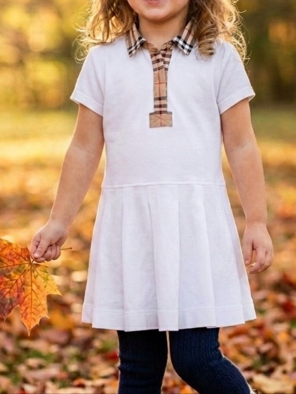 Burberry Kids White Polo Dress with Signature Check Collar